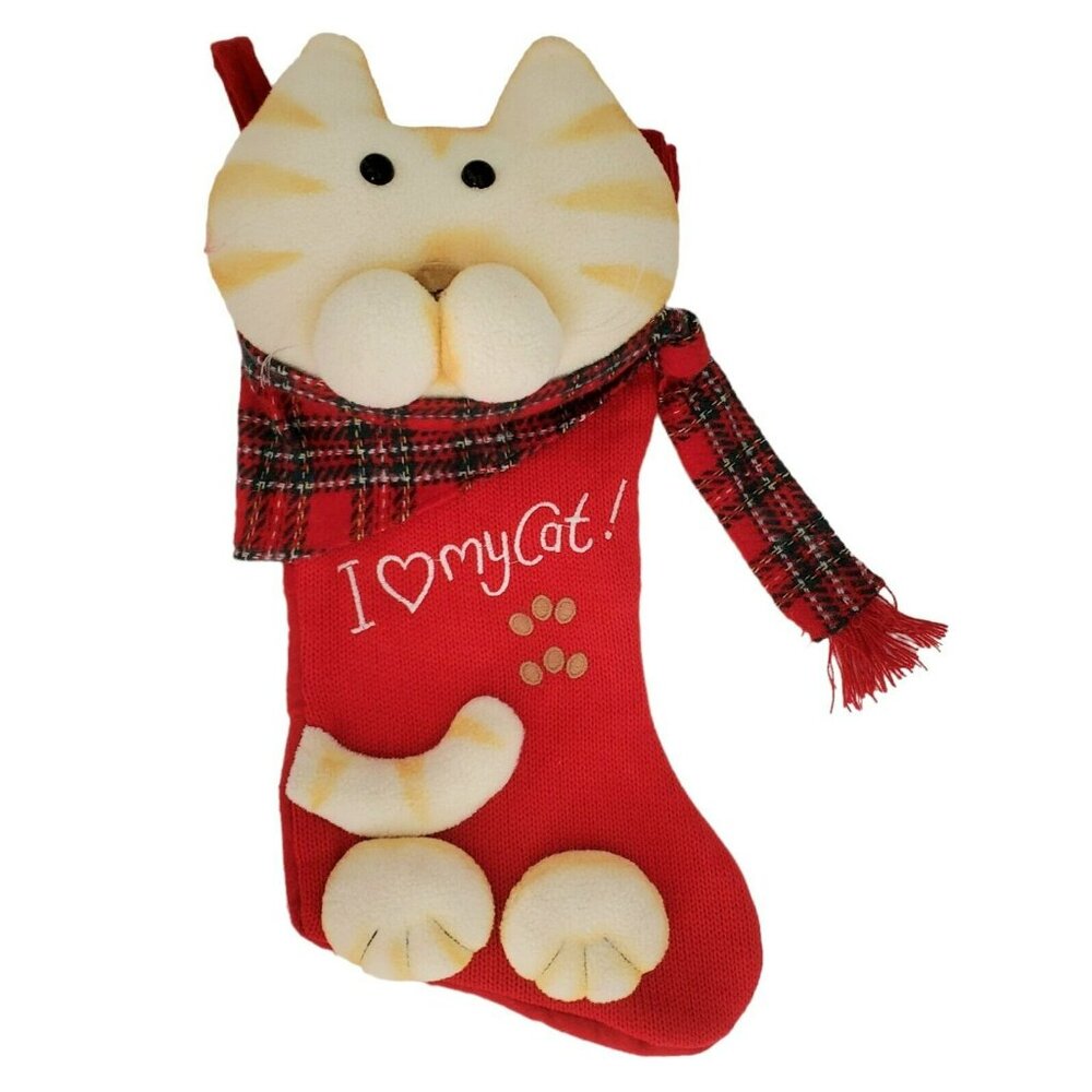I Love My Cat Christmas Stocking 3D Holiday Plush Stuffed Kitty Paws Tabby Vtg